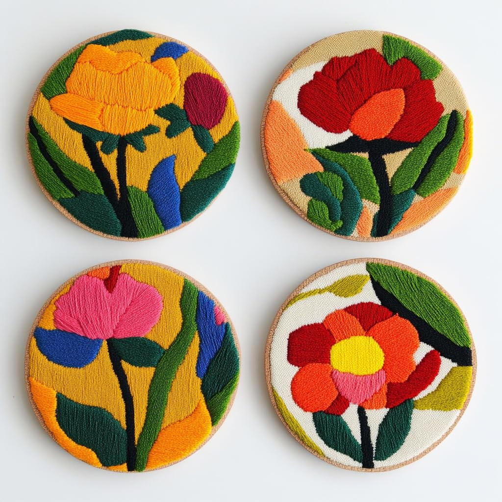 4 Set DIY Punch Needle Coaster Kits Yellow Rose Easy for Beginners with Adhesive Felt Hoop Punch Needle Embroidery Starter Set with Pattern for Drink Cups Mat Home Decor-2