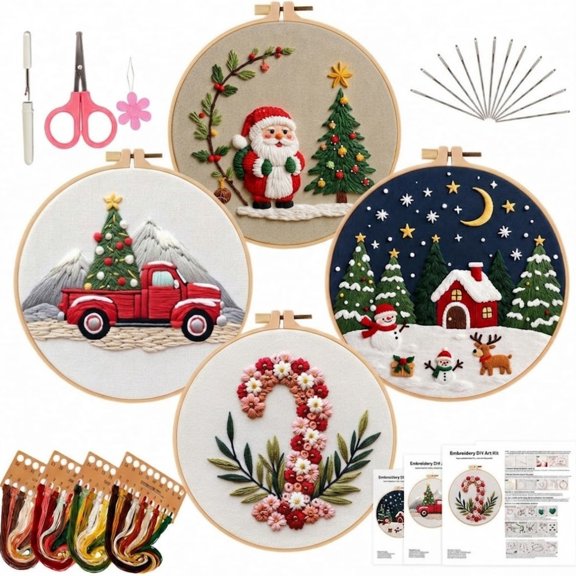 4 Set Embroidery DIY Starter Kit, Cross Stitch Kits with Pre-Printed Embroidery Fabric, Hoops, Step-by-Step Instructions, Color Threads Needles