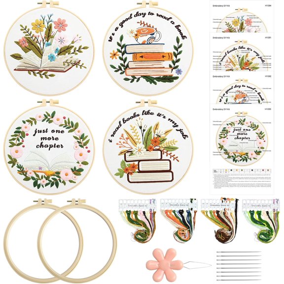4 Set Embroidery Kit for Beginners Adults Book Lovers Embroidery Starter Kit Books Flowers Pattern Hand Crewel Cross Stitch Kits Includes Instruction 2 Hoops Color Threads Needles