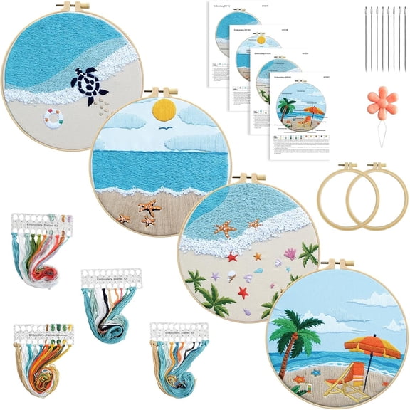 4 Set Embroidery Kit for Beginners Adults Embroidery Starter Kit Beach Spring Summer Hand Crewel Embroidery Kit Kit Include Instruction 2 Hoops Color Threads