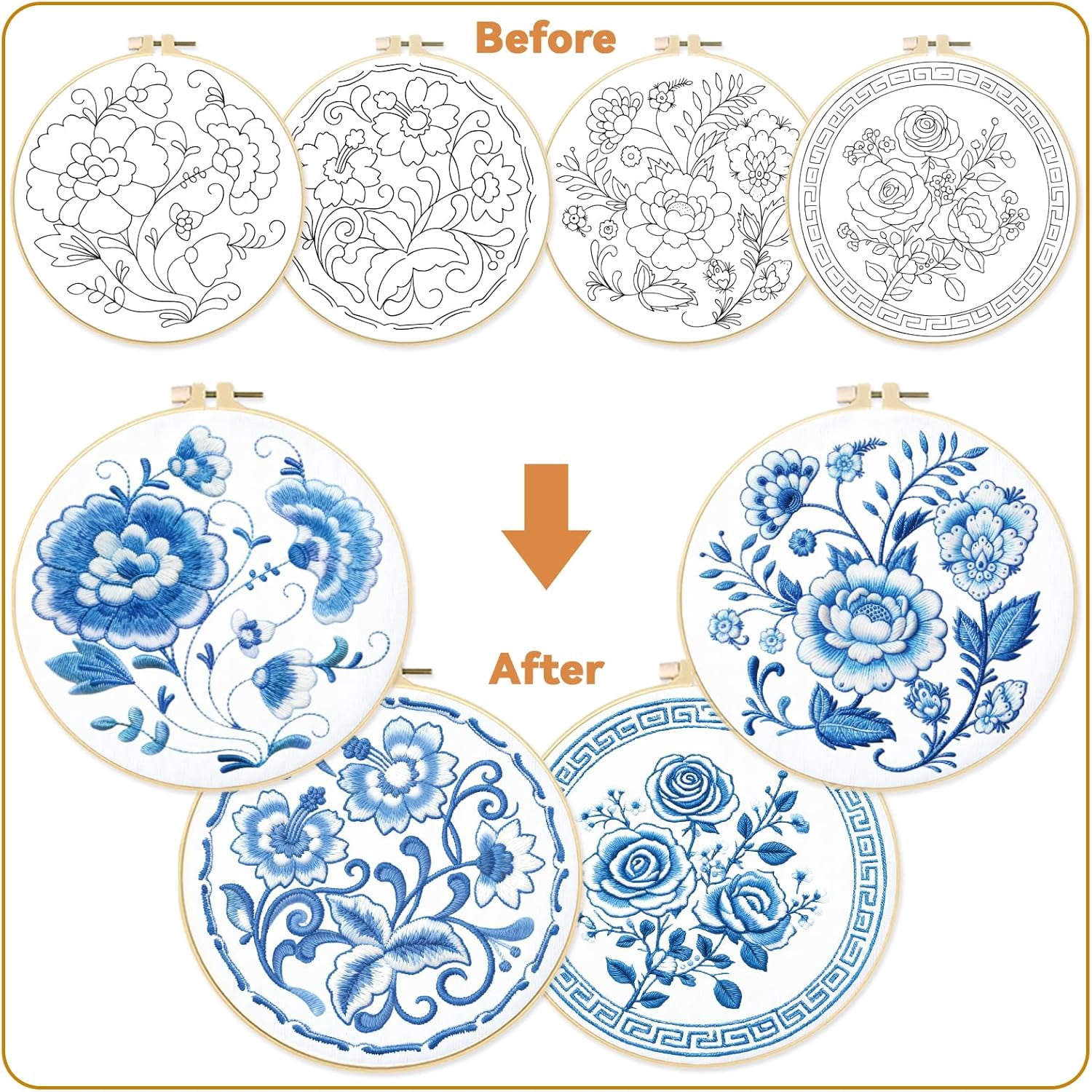 4 Set Embroidery Kit for Beginners, Blue Flower Cross Stitch Kits, Needlepoint Kits for Adults with Instructions and Full Kit, Hand Embroidery Patterns for Cloth and Home Decor