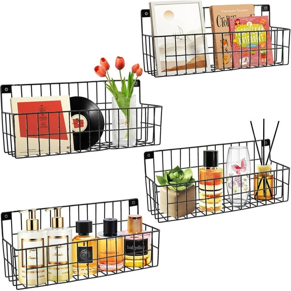 4 Set Extra Large Hanging Wall Wire Baskets, Hanging Wall Mount Storage Baskets, Metal Hanging Wire Basket for Organizing and Storage, Sturdy Wall Organizer for Home Kitchen Bathroom Storage, Black