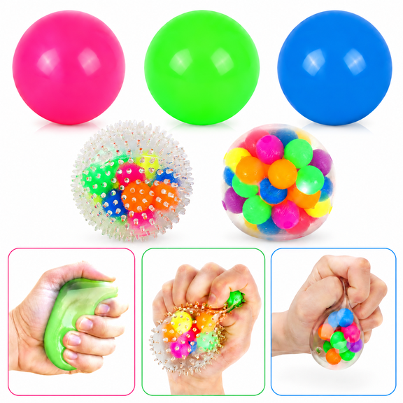 5 Pack Stress Balls for Kids Adults, Fidget Balls Sensory Toys with Bead Filled Squishy Balls & Glow in The Dark Sticky Wall Balls, Squeeze Toys for Anxiety Relief, Sensory Toys