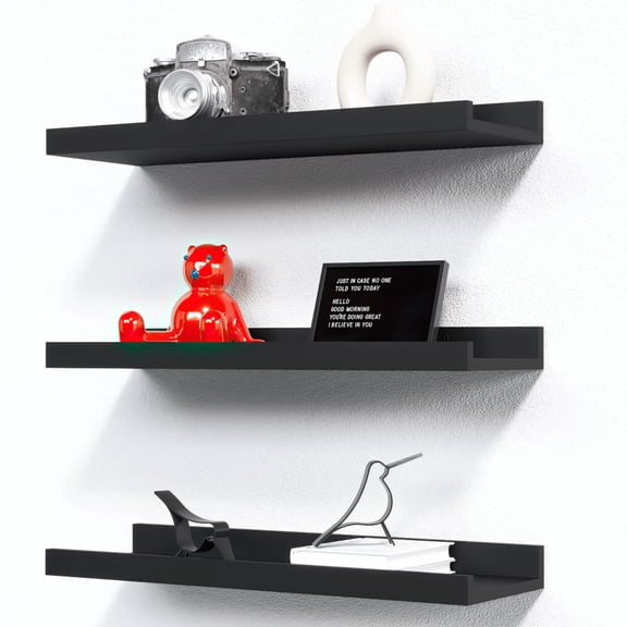 4 Set Floating Wall Mounted Shelves, Black Shelves for Wall Decor, Modern Picture Ledge Shelf with Lip for Storage, Nursery, Bedroom, Living Room, Bathroom