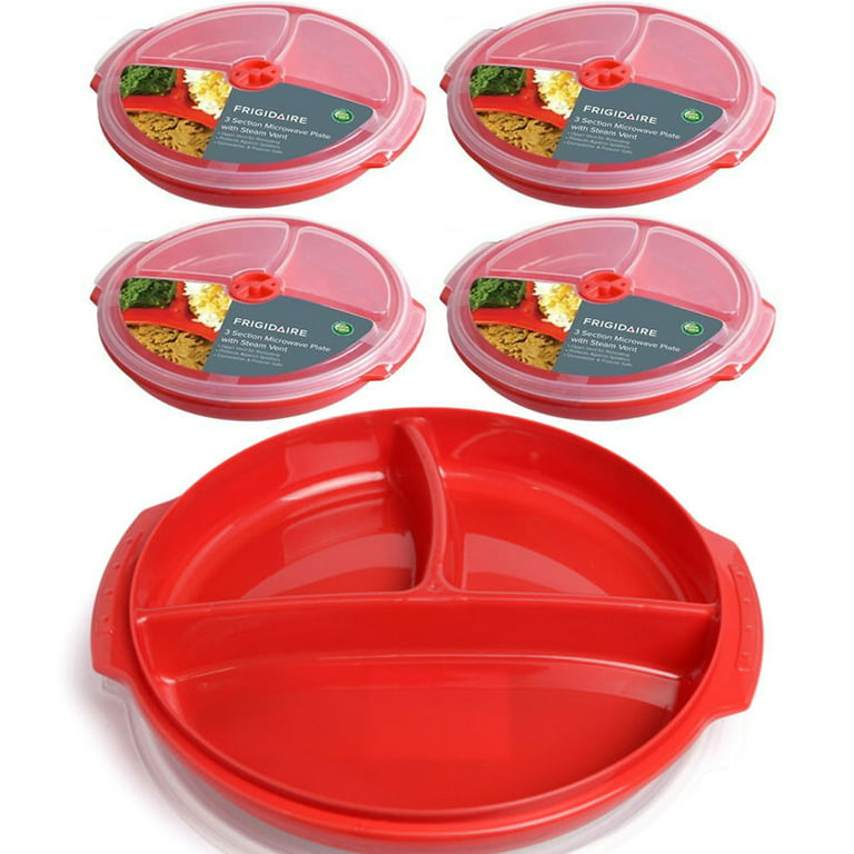 Microwave Food Storage Tray Containers - 3 Compartment Section Divided BPA Free Plates w/ Vented Lid - for Leftovers or Lunch, Green