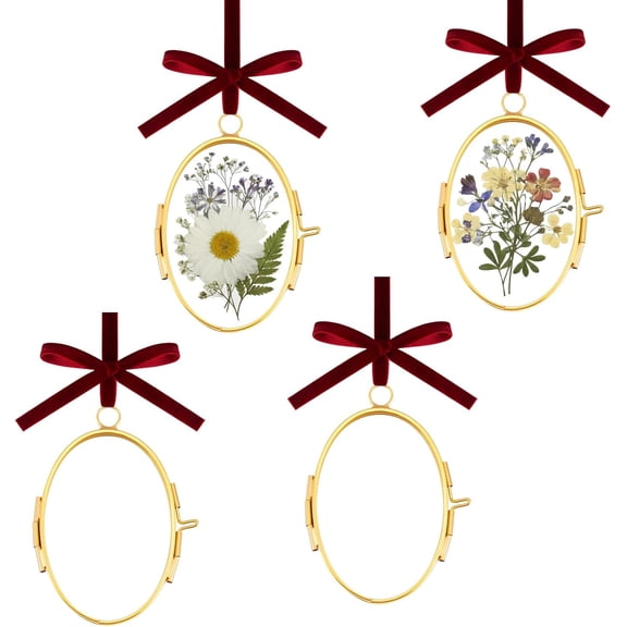 4 Set Glass Pressed Flower Frames 2 x 3 Inch Double Glass Hanging Photo Frame with Locket and Red Velvet Ribbon Oval Brass Vintage Gold Wall Decor for Pressed Dried Flowers Plant Home Artwork
