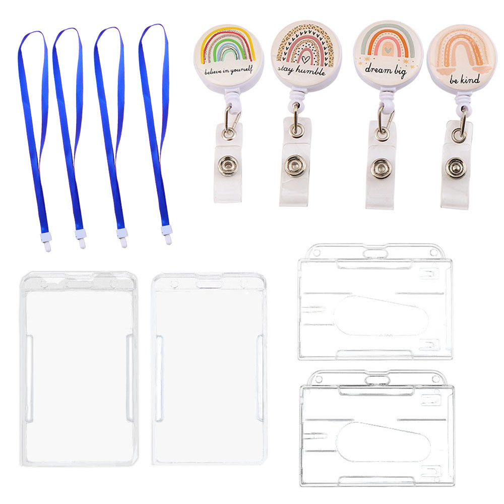 4 Set ID Badge Holders with Retractable Carabiners and Lanyards, Clear
