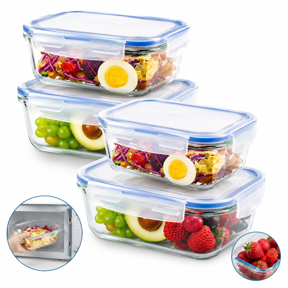 Artrylin 4-Pack Glass Food Storage Containers with Lids, 14oz /410ml Airtight Bento Lunch Boxes – Meal Prep & Leftover Kitchen Canisters, Clear BPA Free