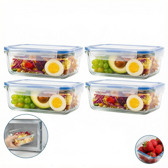 Artrylin 4-Pack Glass Food Storage Containers with Lids, 14oz /410ml Airtight Bento Lunch Boxes – Meal Prep & Leftover Kitchen Canisters, Clear BPA Free