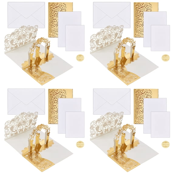 4 Set Laser Cut Wedding Invitations Card 3D Tri-Fold Bride And Groom Lace Greeting Card with Envelope Gold 125x180x2mm