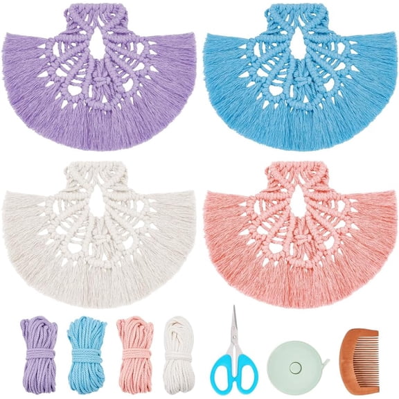 4 Set Macrame Coasters Kit Shell Pattern Coasters Making Kit Boho Handmade Woven Coasters for Drinks Absorbent Macrame Cup Mat Macrame Kit for Beginners with Video Instruction