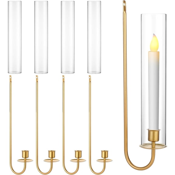 4 Set Metal Wall Candle Sconce Holder Set Open Ended Glass Hurricane Candleholder Taper Tube Hanging Wall Mount Pillar Candle Holder for Wedding Living Room Farmhouse Fireplace(Gold)