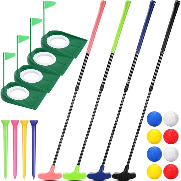 4 Set Mini Golf Putters with 8 Balls, 4 Golf Putting Cup and Flag, Tees, Two Way Adjustable Length Putter for Right or Left Handed Golfer(Natural)