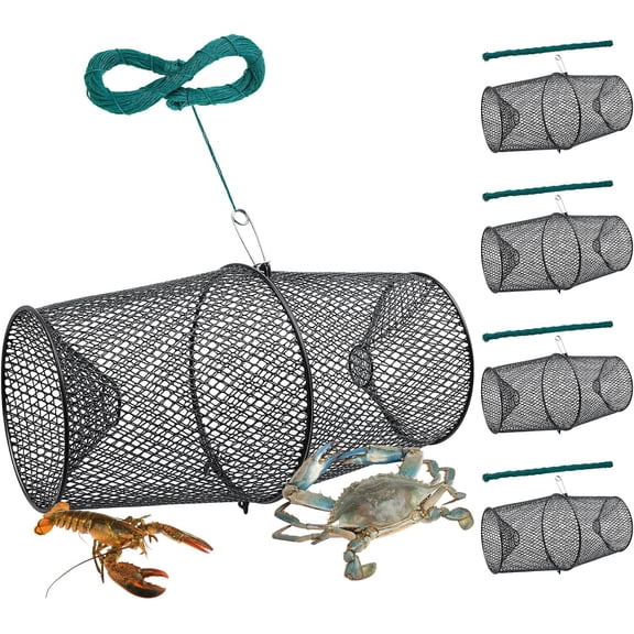 4 Set Minnow Trap Crawfish Trap with Closure Spring Clip and 4 Pcs Hand Ropes Fishing Trap for Crayfish Crawdad Lobster Crab Bait Metal Net Cage Crawfishing