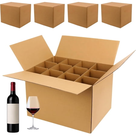 4 Set Moving Boxes with Glasses Divider Kits, Glass Packing Kit with 16x12x12 In Box, 3x4 Grid Corrugated Dividers for Dishes Wine Glasses Fragile Glassware Storage Supplies