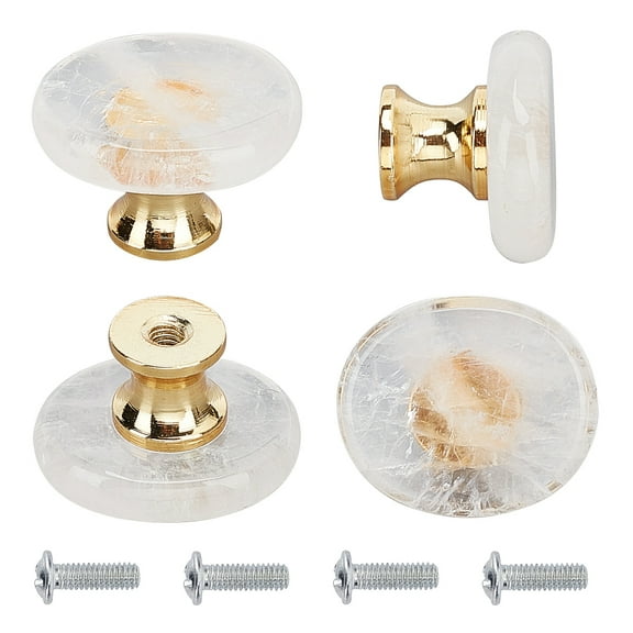 4 Set Natural Quartz Crystal Drawer Knobs Oval Shaped Drawer Pulls Handle Iron Screw for Home Cabinet Cupboard and Dresser Platinum & Golden 27x23x18mm
