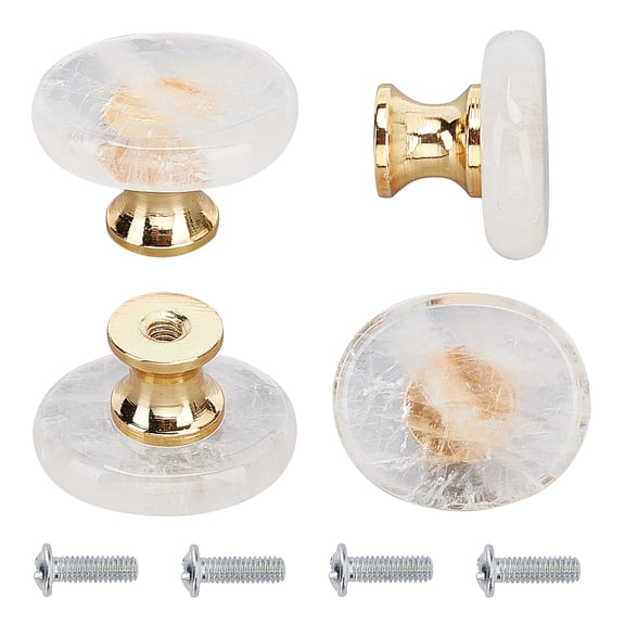 4 Set Natural Quartz Drawer Knobs Oval Shaped Drawer Pulls Handle Iron Screw for Home Cabinet Cupboard and Dresser Platinum & Golden 27x23x18mm