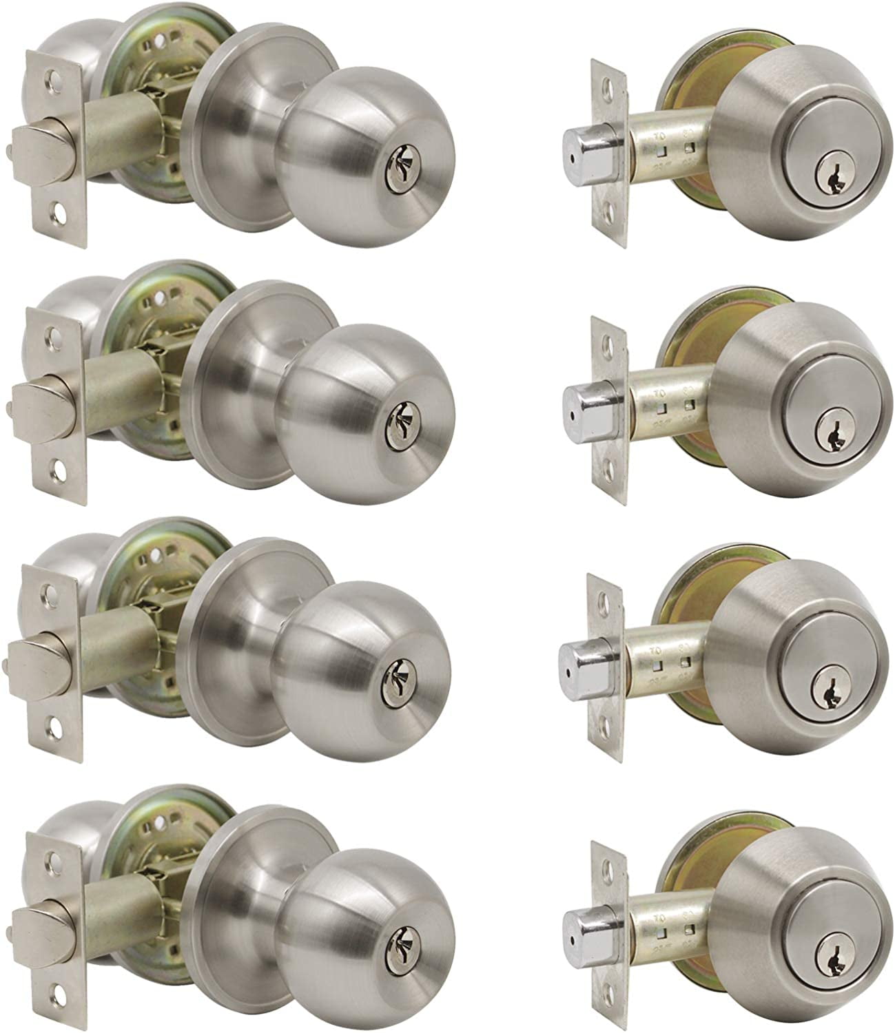 4 Set Of KeyedAlike Round Entry Door Knob And Single Cylinder Deadbolt