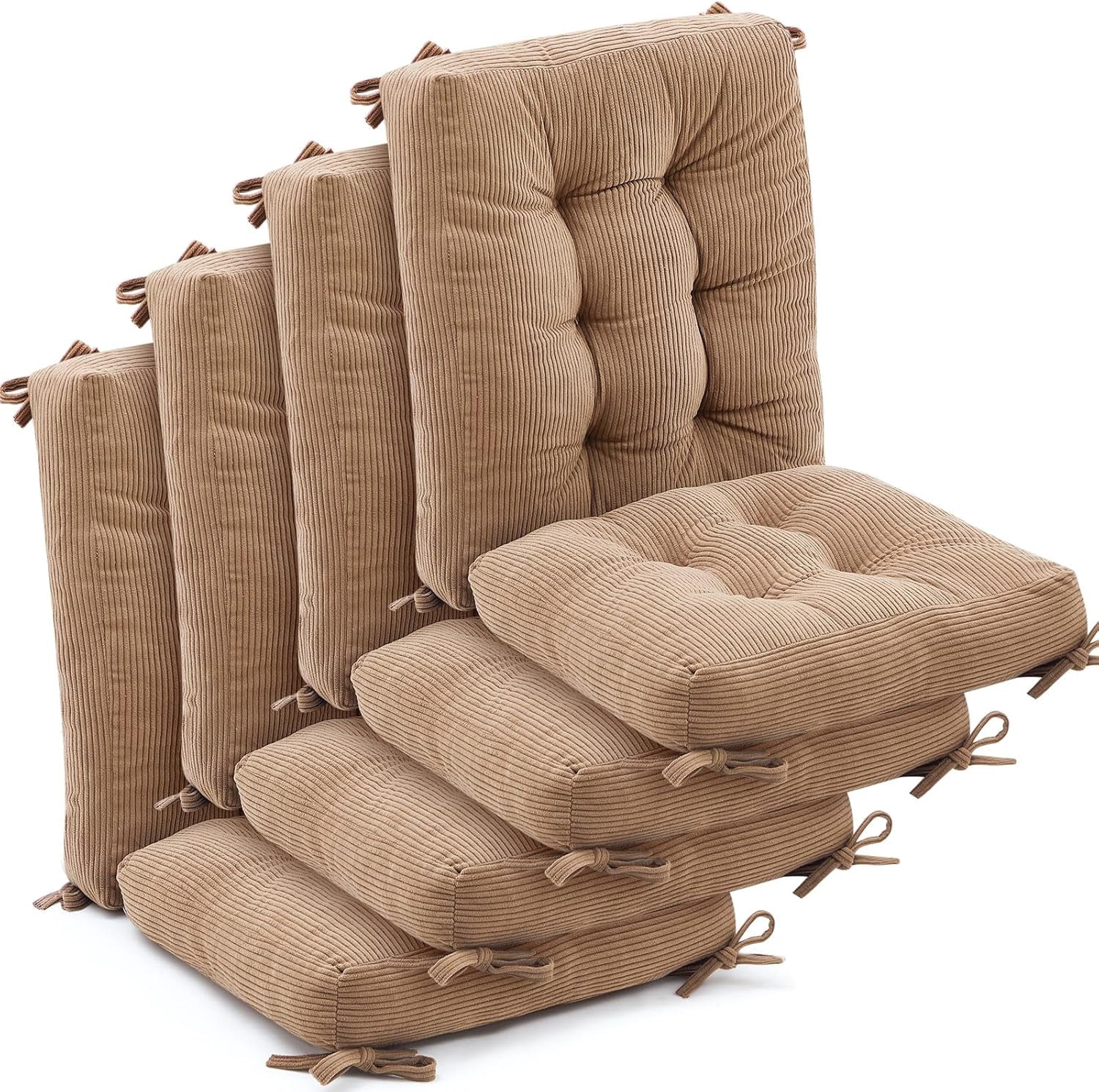 4 Set Outdoor Patio Chair Cushions Corduroy Seat High Back Tufted Pillow Replacement Rocking Chair Cushions Patio Chair Pads for Autumn Winter Seasonal Indoor Home Office (Khaki)