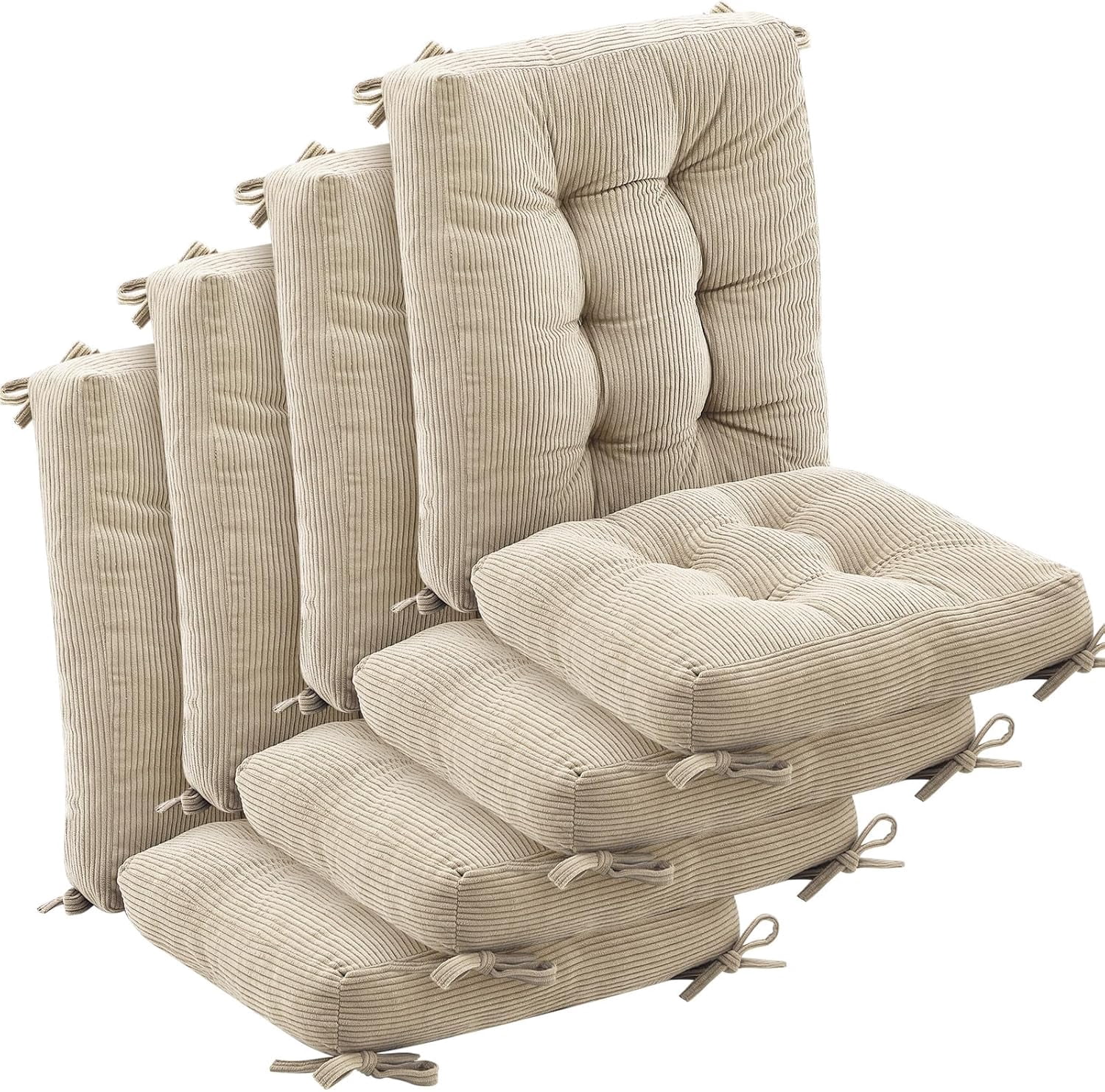 4 Set Outdoor Patio Chair Cushions Corduroy Seat High Back Tufted Pillow Replacement Rocking Patio Chair Pads for Outdoor Indoor Home Office (Beige)