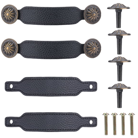 4 Set PU Leather Drawer Handles Door Pull Handles Cabinet Pull Strap with Alloy Buckles & Screws Black 152x28x3mm Hole: 6.6mm