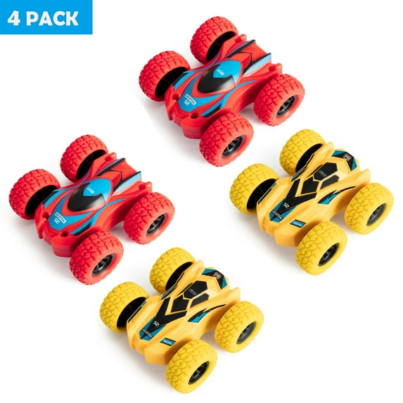 4 Set Push & Go Friction Powered Toy Cars Vehicles, Double-sided Stunt Flip Inertia Car, Powered Pull Back Toys Car for Boys,360 Rotation Power Friction Cars for Toddler Toys 1-3