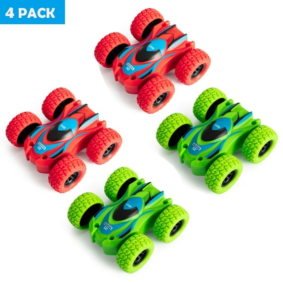 4 Set Push & Go Friction Powered Toy Cars Vehicles, Double-sided Stunt Flip Inertia Car, Powered Pull Back Toys Car for Boys,360 Rotation Power Friction Cars for Toddler Toys 1-3