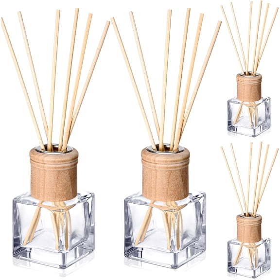 4 Set Reed Diffuser Bottle Empty Refillable Fragrance Glass Diffuser Bottles with Wooden Caps Rattan Sticks 50ml 1.7 oz Glass Jars for DIY Fragrance