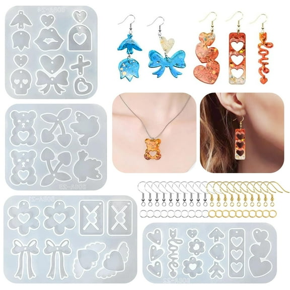 4 Set Resin Jewelry Molds, EEEkit Silicone Resin Earring Mould for Women DIY Gem Necklace Pendant Earring Making