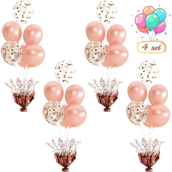 4 Set Rose Gold Table Balloons Foil Spray Centerpiece with Rose Gold and Confetti Balloons Stand Kit for Birthday Party, Baby Shower, Wedding, Bridal Shower, Prom, Cake Table Decorations
