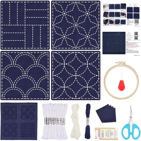 4 Set Sashiko Coasters DIY Kit with Instructions Pre- Printed Sashiko Kit for Beginners Sashiko Practice Project Blue Ocean Waves Embroidery Kit Sashiko Printed Cloth Coaster