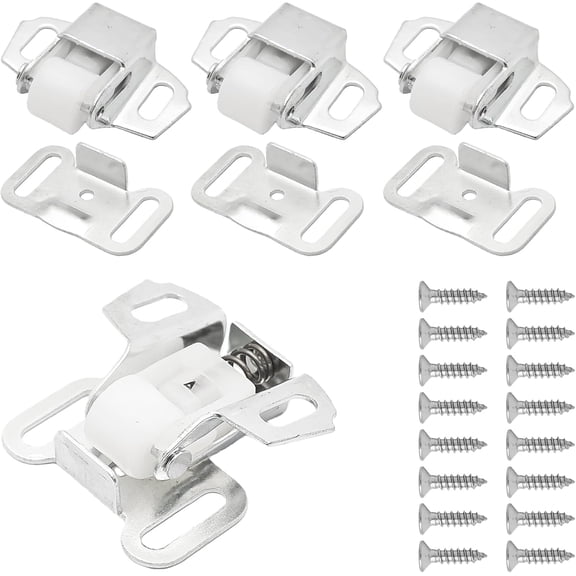 4 Set Single Roller Catch Latch with Screws, Heavy Duty Cabinet Door Catch, Spring Loaded Hardware for Closet, Wardrobe, Furniture, Overlay Cabinet, Easy Installation, Silver