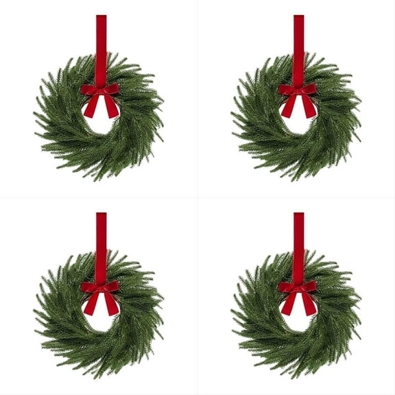 4 Set Small Christmas Norfolk Wreath Simple Evergreen 11" Christmas Kitchen Cabinet Mini Wreath Greenery Real Touch with Bow and Red Ribbon for Xmas Chair Front Door Window Table Pillar Decor