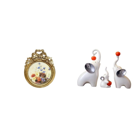 4 Set Vintage Round Photo Frame Elephant Figurines Decorative Resin Material for Office Desk Display