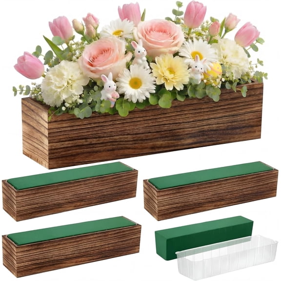 4 Set Wood Boxes for Centerpieces 16x4 Inch Rectangle Wooden Planter Box Rustic Wood Planter with Removable Plastic Liner Floral Foam Blocks for Centerpieces Home Wedding Garden Decor