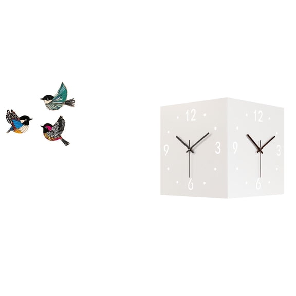 4 Set Wooden Bird Wall Art Flying Birds Wall Decor Double Sided Corner Wall Clock Metal Creative Design for Home Office