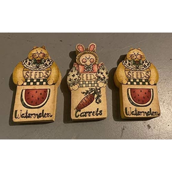 4 Set of 3 Watermelon Carrots Seeds Fall Country Painted Decor Wooden Figures Bunny Rabbit Cats Vintage New