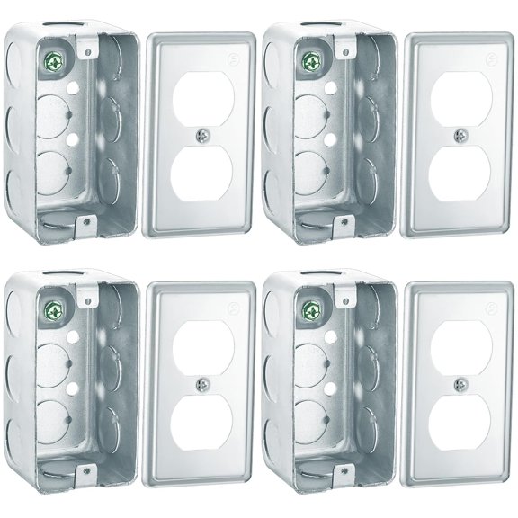 4 Set x 2 Inch Electrical Junction Box with Cover Square Plenum Galvanized Steel Metal Outlet Boxes, Ten 1/2'' Knockouts, 1-7/8" Deep, 13 Cu. in. Capacity (Duplex Receptacle Cover)