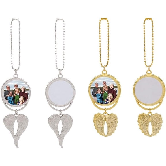 4 Sets 2 Colors Angel Wing Sublimation Trays Pendants Set Alloy Blank Hot Transfer Printing Tray Bezel Pendant Decorations Platinum Golden Car Hanging Charms for DIY Keyrings Making