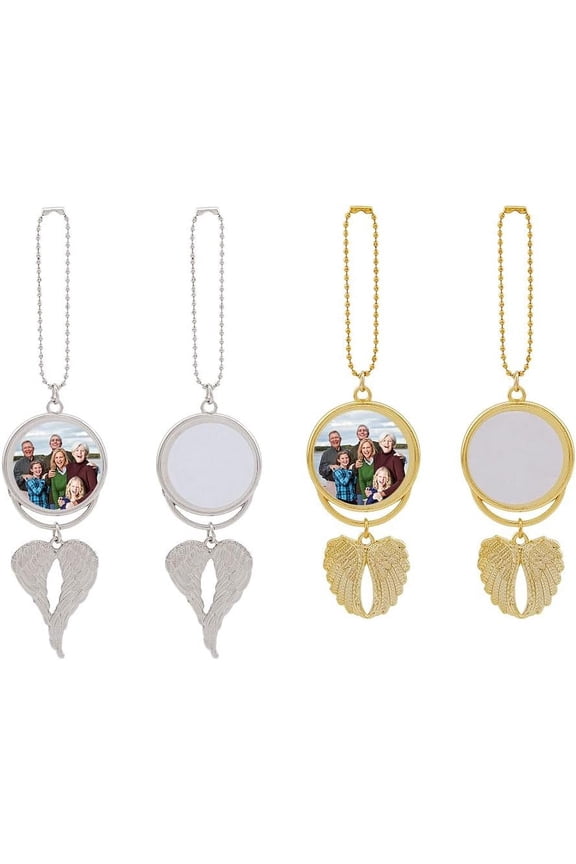 4 Sets 2 Colors Angel Wing Sublimation Trays Pendants Set Alloy Blank Hot Transfer Printing Tray Bezel Pendant Decorations Platinum Golden Car Hanging Charms for DIY Keyrings Making
