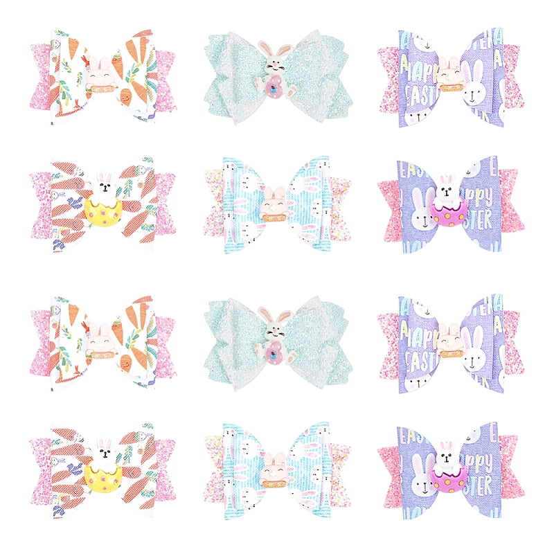 4 Sets 2 Style Baby Girl Hair Bowknot with Bunny Hair Clips Set Easter Hair Accessories for Girls 44.5~52x79~82x13~17mm 2 sets/style for DIY