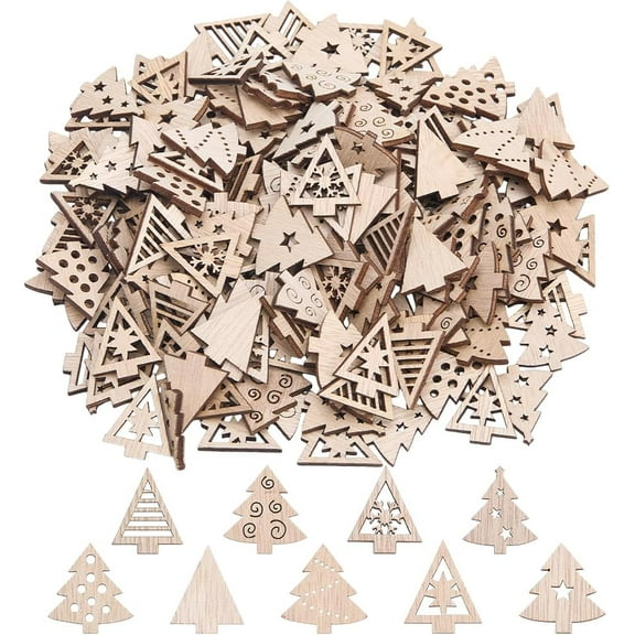 4 Sets 200Pcs Wooden Tree Shapes Christmas Wood Cutout Assorted Natural Unfinished Blank Holiday Xmas Trees Small Decorations Slices Hanging Ornaments for DIY Crafts Party Decor Supplies Colorful