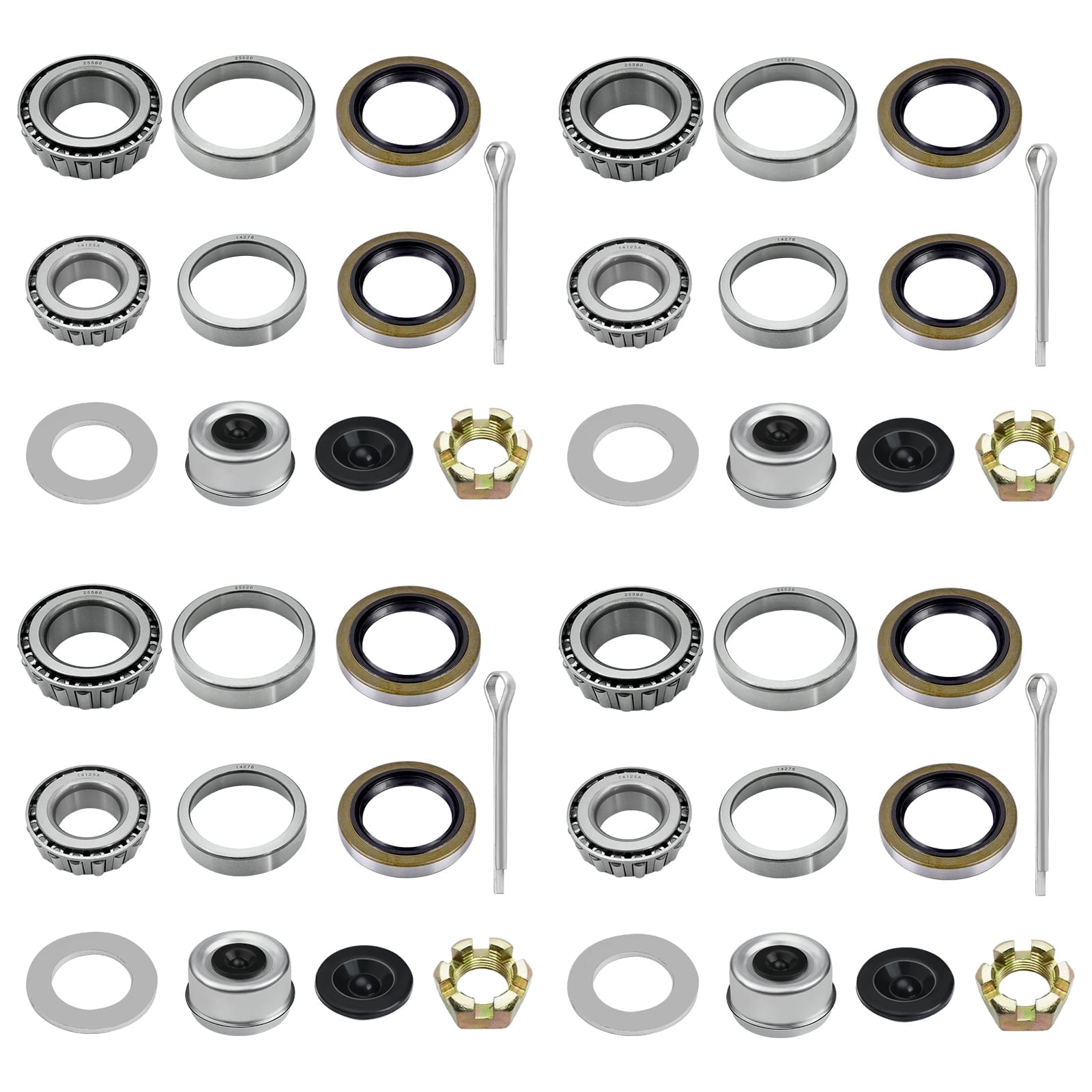 4 Set 25580 14125A Trailer Axle Bearings Kit with 10-36 22333TB Grease Seals,2.72'' Trailer Dust Caps, Cotter Pins, Axle Nuts & Washers, Fits for 1.25" to 1.75" 5200-7000 lb Tandem Axles #D42 Spindle