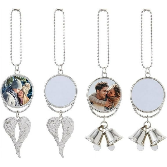 4 Sets 2Styles Christmas Angel Wing Sublimation Ornament Alloy Printing Sublimation Decoration Flat Round Sublimation with X-Mas Bell Photo Frame Pendant DIY