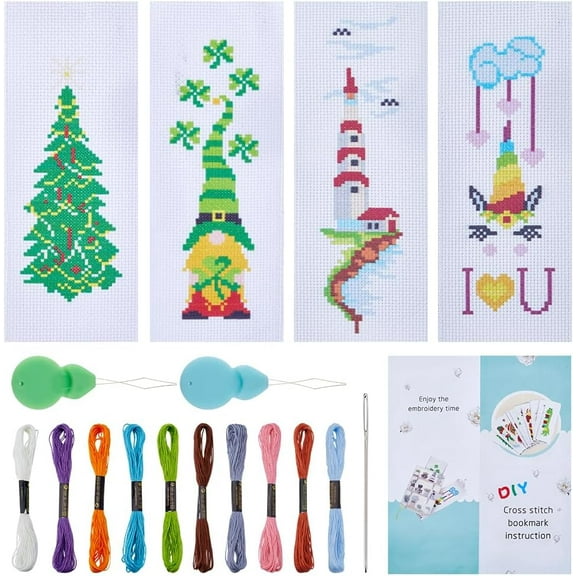 4 Sets 4 Styles Lighthouse/Gnome/Christmas Tree DIY Bookmark Cross-Stitch Beginner Kit Instruction Mixed Color 228~232x79x0.5mm