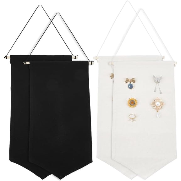 4 Sets 4 Styles Polyester Wall Hanging Brooch Jewelry Banner Holder for Badge Storage with Hanging Cord & Wooden Stick Rectangle Mixed Color 405~470x205~260x3mm 1 set/style