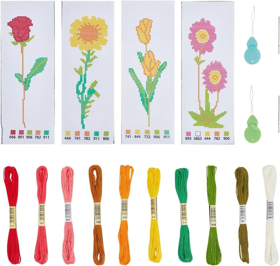 4 Sets 4 Styles Stitch Bookmark Kits Flower Pattern Stitch Kits DIY ...