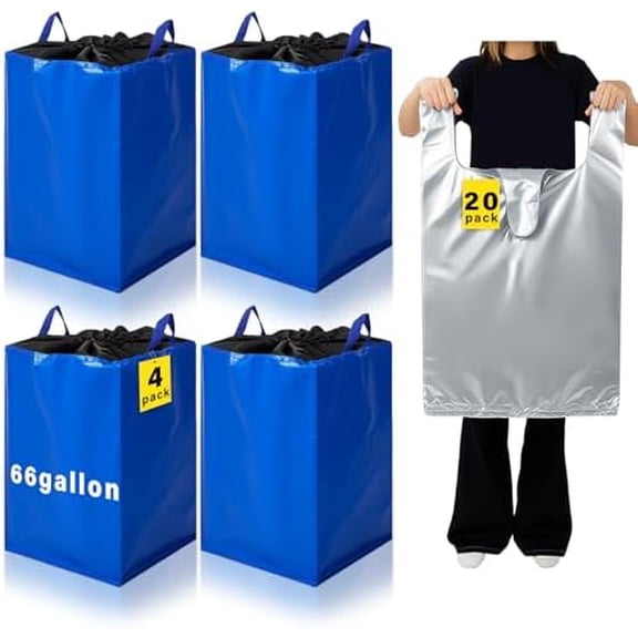 4 Sets of 66 Gallon Moving Bags with Handles Heavy Duty Extra Large Blue Moving Boxes Foldable Waterproof Storage Containing 20 Silver Large Plastic Packing Bags for Home College Dormitories