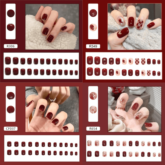 4 Sets 96-Piece Burgundy Crushed Glitter Press on Nails - Reusable Salon-Quality Nail Covers for Women, Office & Special Occasions, No-Glam DIY Manicure