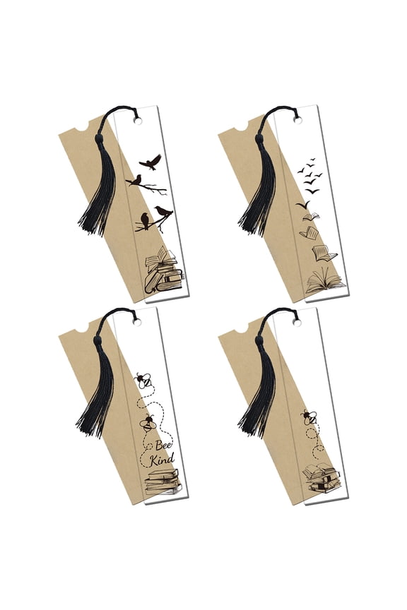 4 Sets Acrylic Bookmark Pendants Rectangle with Paper Bags and Polyester Tassel Decorations Black Bookmark: 120x28mm 4 styles for DIY